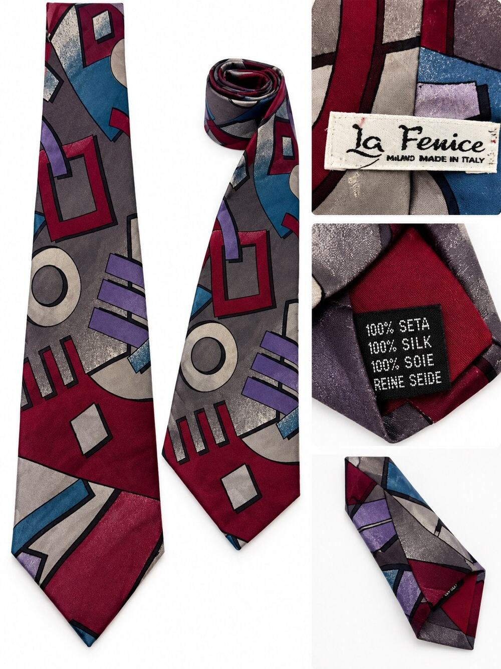 Vintage La Fenice 100% Silk Geometric Abstract Necktie Made in Italy